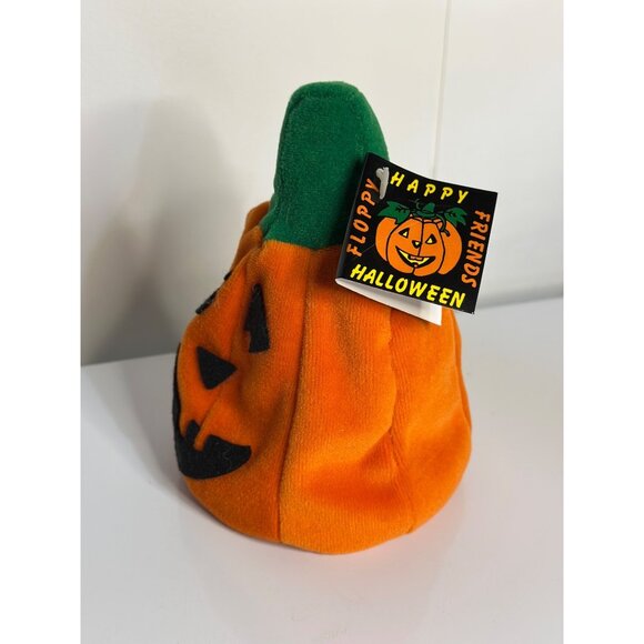 VTG Happy Halloween Floppy Friends Pumpkin Plush Toy Orange Green Stem 6" - Picture 3 of 8